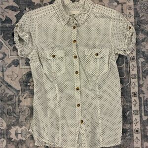 H&M Cream Short-Sleeve Button-Up Blouse with Black Polka Dots